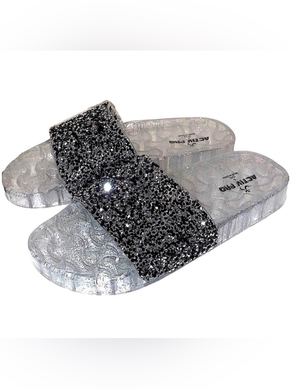 Active Pro Sparkly Metallic Beaded Embellished Jelly Sandals Gray Silver Comfy
